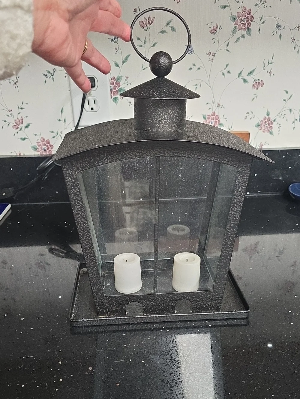 Vintage. Decorative Black Hanging Metal Lantern with Glass Panels